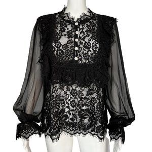 $540  Self Portrait Black Lace Sheer Blouse Sz 6